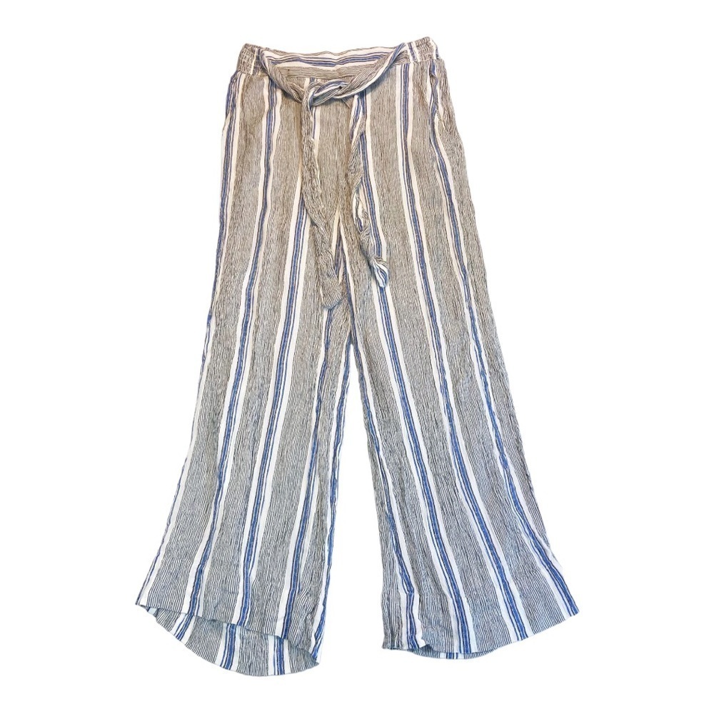 Angie rayon striped black blue white cropped tie waist pants Made in India S